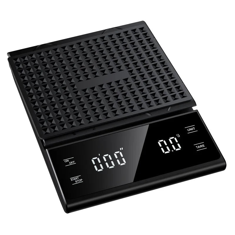Black digital kitchen scale on a white background
