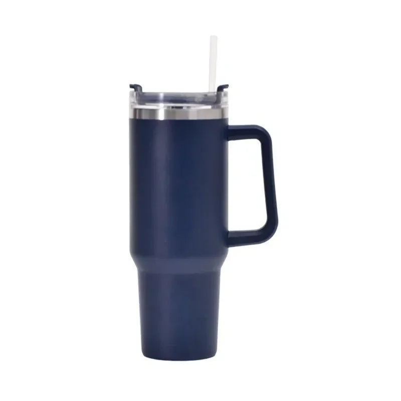 tumbler with handle and straw lid, surrounded on a white background
