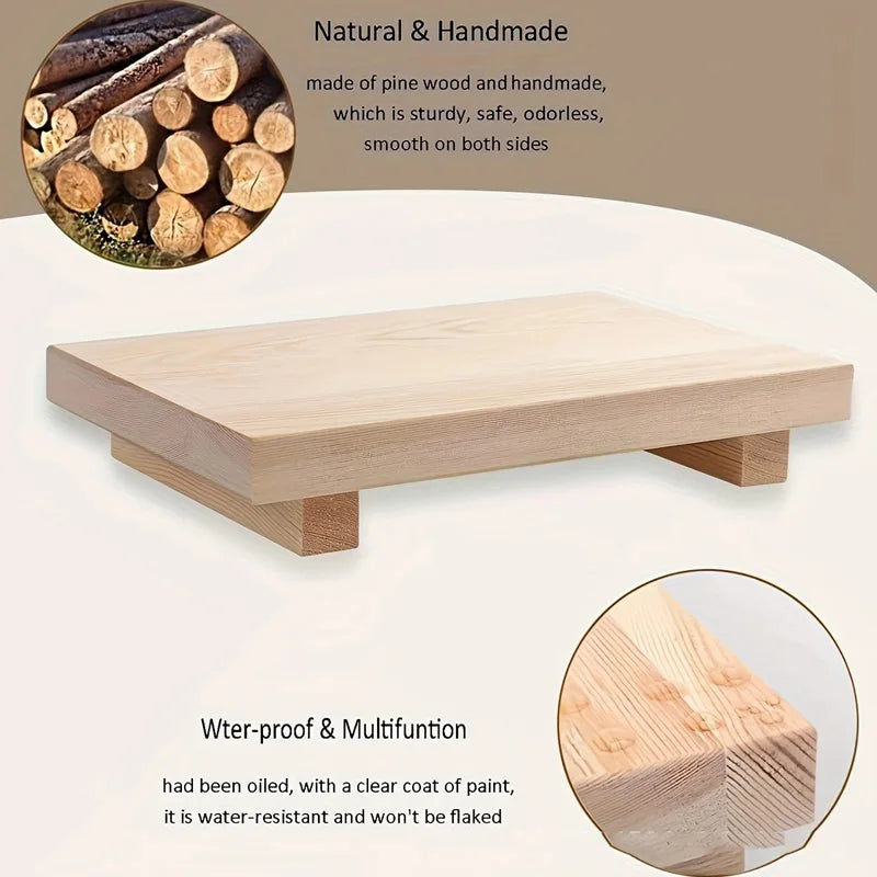 Wooden shelf with natural wood texture and product details on a beige background