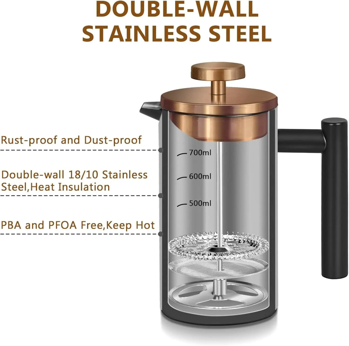 Double-wall stainless steel French press with copper top and black handle on a white background.