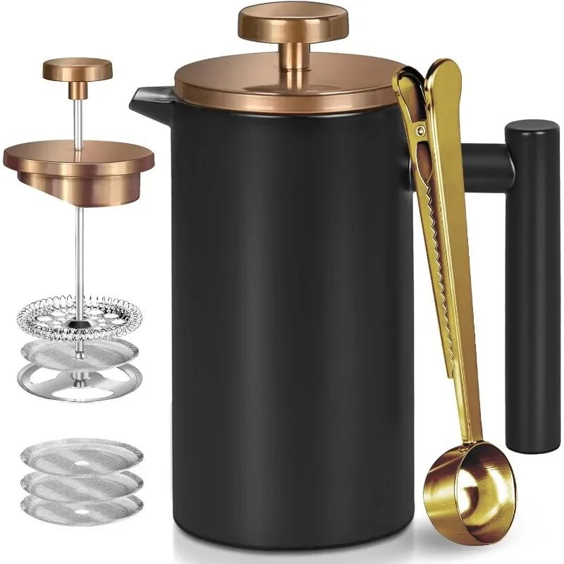 Black French press coffee maker with bronze and gold accessories on a white background