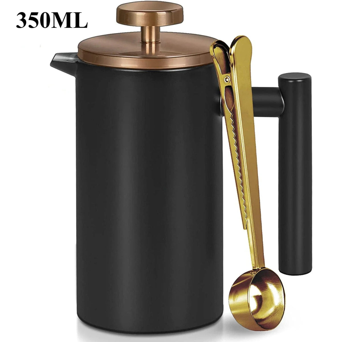Black French press coffee maker with gold plunger and scoop on a white background
