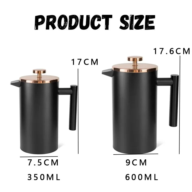 Black and rose gold French press with measurements on a white background