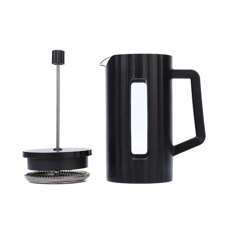 Black French press coffee maker with plunger on a white background