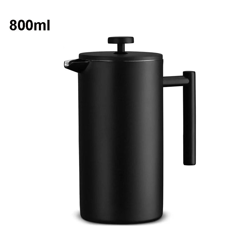 Black French press coffee maker with a handle on a white background, labeled '800ml'.