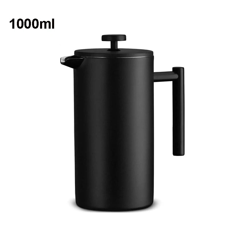 Black French press coffee maker with a handle on a white background, labeled '1000ml'.