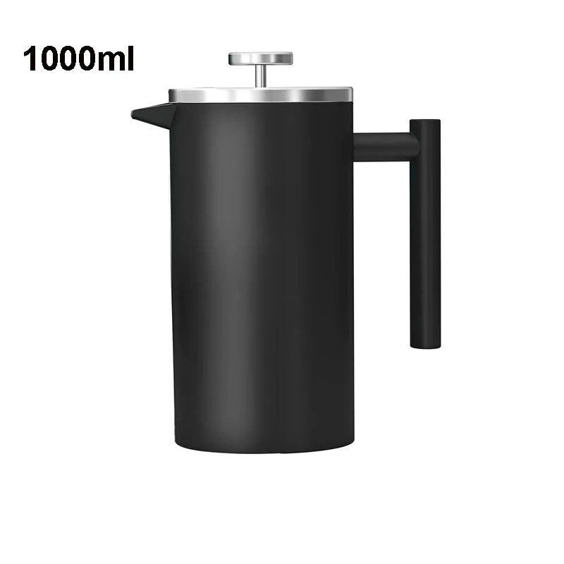 Black French press coffee maker with a handle on a white background, labeled '1000ml'.