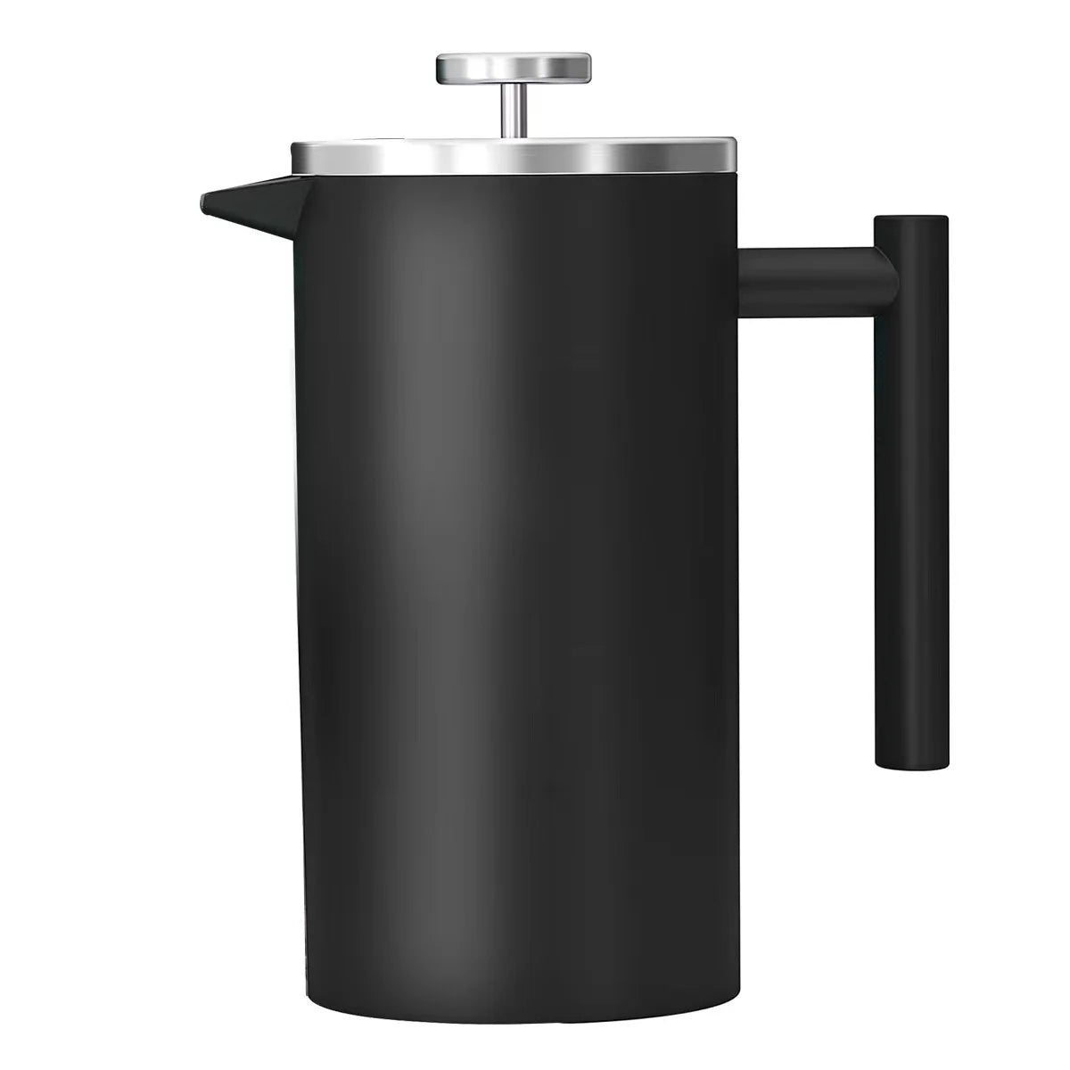 Black French press coffee maker with a silver lid on a white background