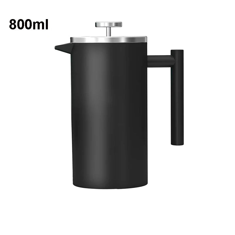 Black French press coffee maker with a handle on a white background