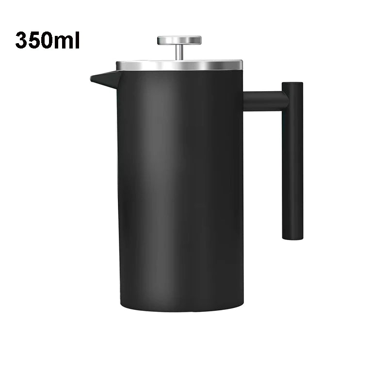 Black French press coffee maker with a silver lid on a white background