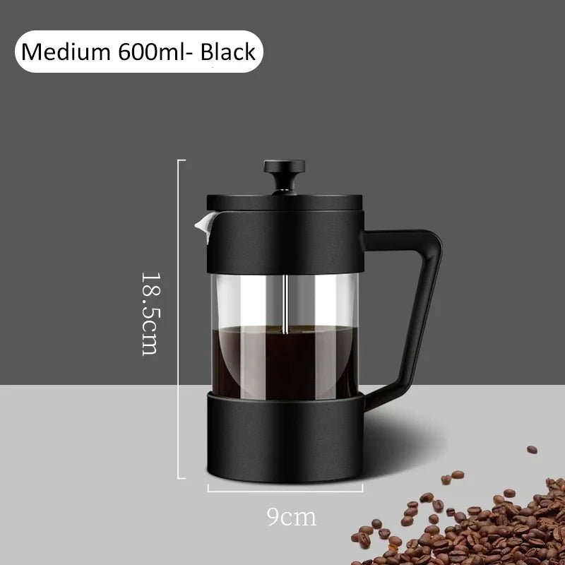 Black French press with coffee and measurements on a gray background