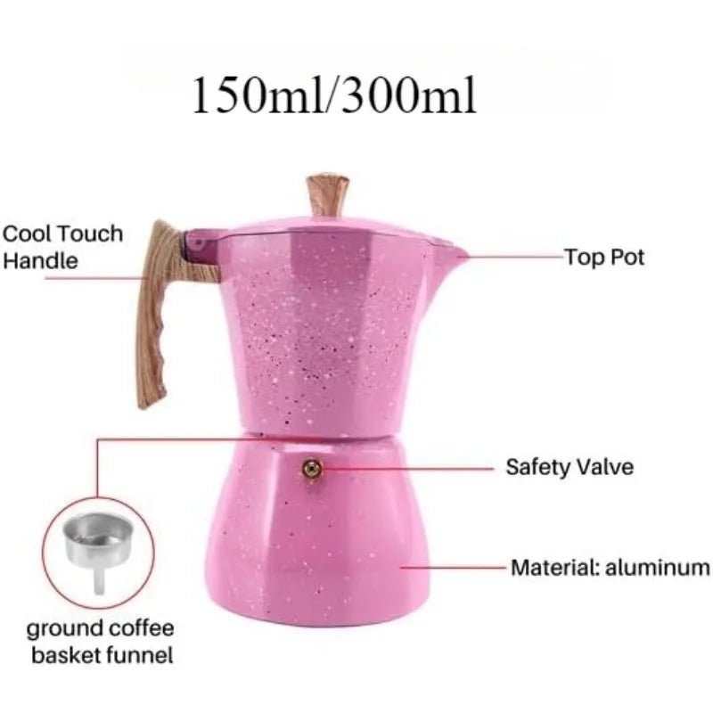 Pink coffee maker with labeled parts on a white background