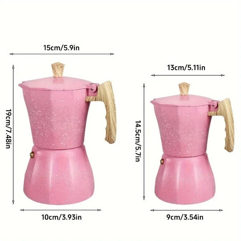 Pink espresso pot with dimensions indicated on a white background