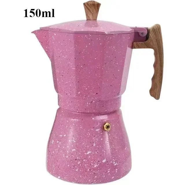 Pink speckled espresso pot with wooden handles on a white background