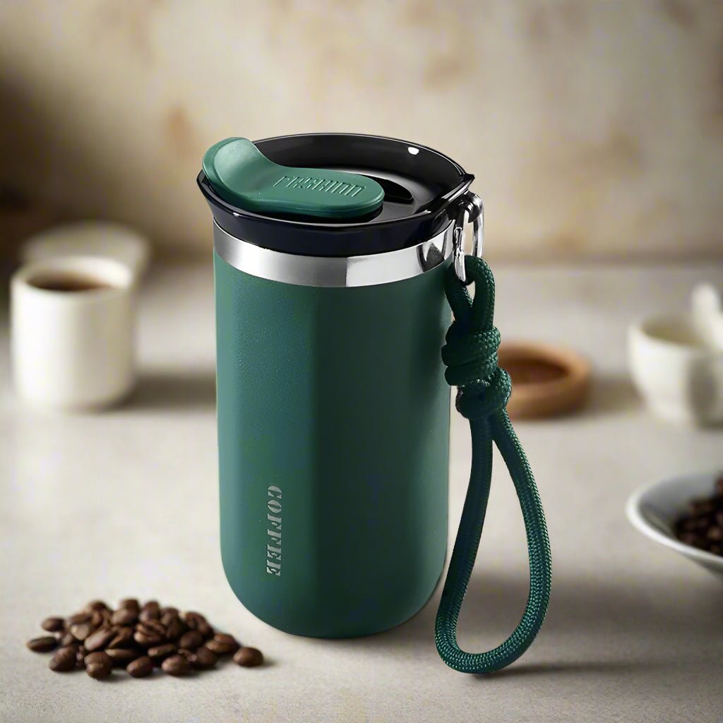 Green coffee tumbler with a strap on a surface with coffee beans and a blurred background