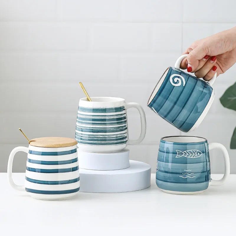Hand - Painted Ceramic Mug in Blue Color With Spiral Motif (500ml)Utensils for Coffee