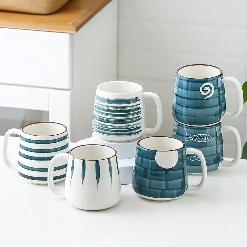 Hand - Painted Ceramic Mug in Blue Color With Spiral Motif (500ml)Utensils for Coffee