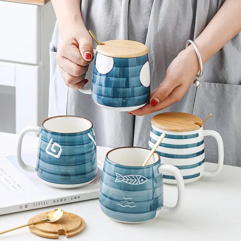 Hand - Painted Ceramic Mug in Blue Color With Spiral Motif (500ml)Utensils for Coffee
