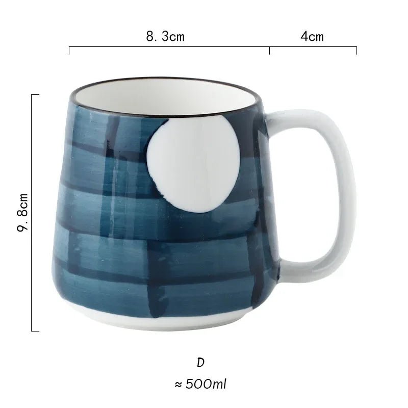 Blue and white ceramic mug with measurements on a white background