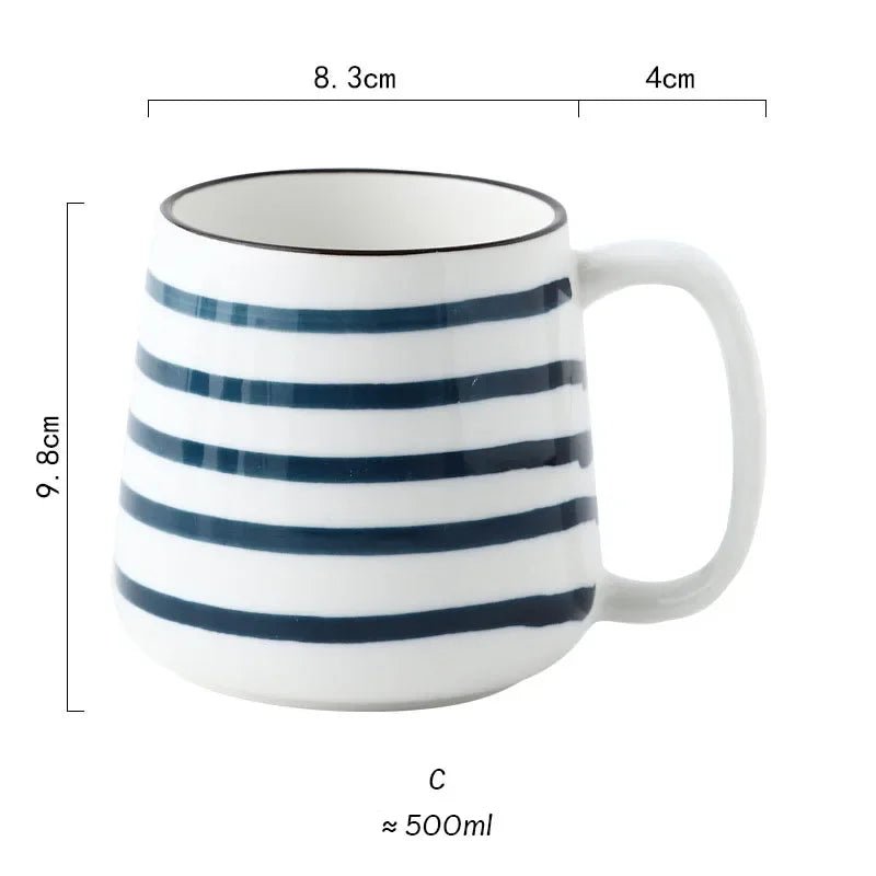 White mug with blue stripes and measurements on a white background