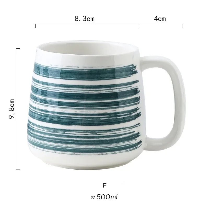 Hand - Painted Ceramic Mug in White with Blue Stripes (500ml)Utensils for Coffee