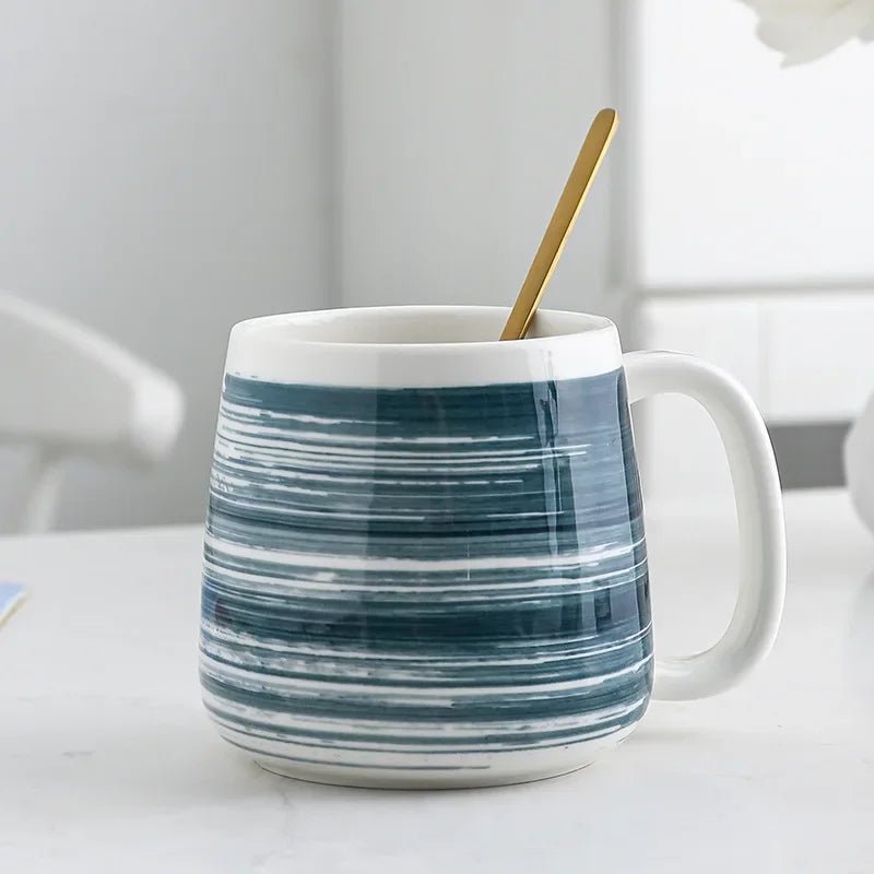 Hand - Painted Ceramic Mug in White with Blue Stripes (500ml)Utensils for Coffee