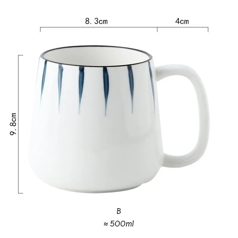 White ceramic mug with blue stripes and measurements on a white background
