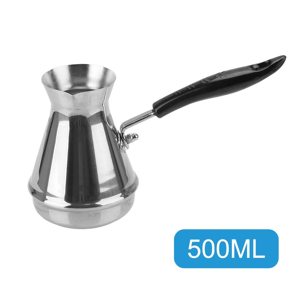 Stainless steel pot with black handle and '500ML' label on a white background
