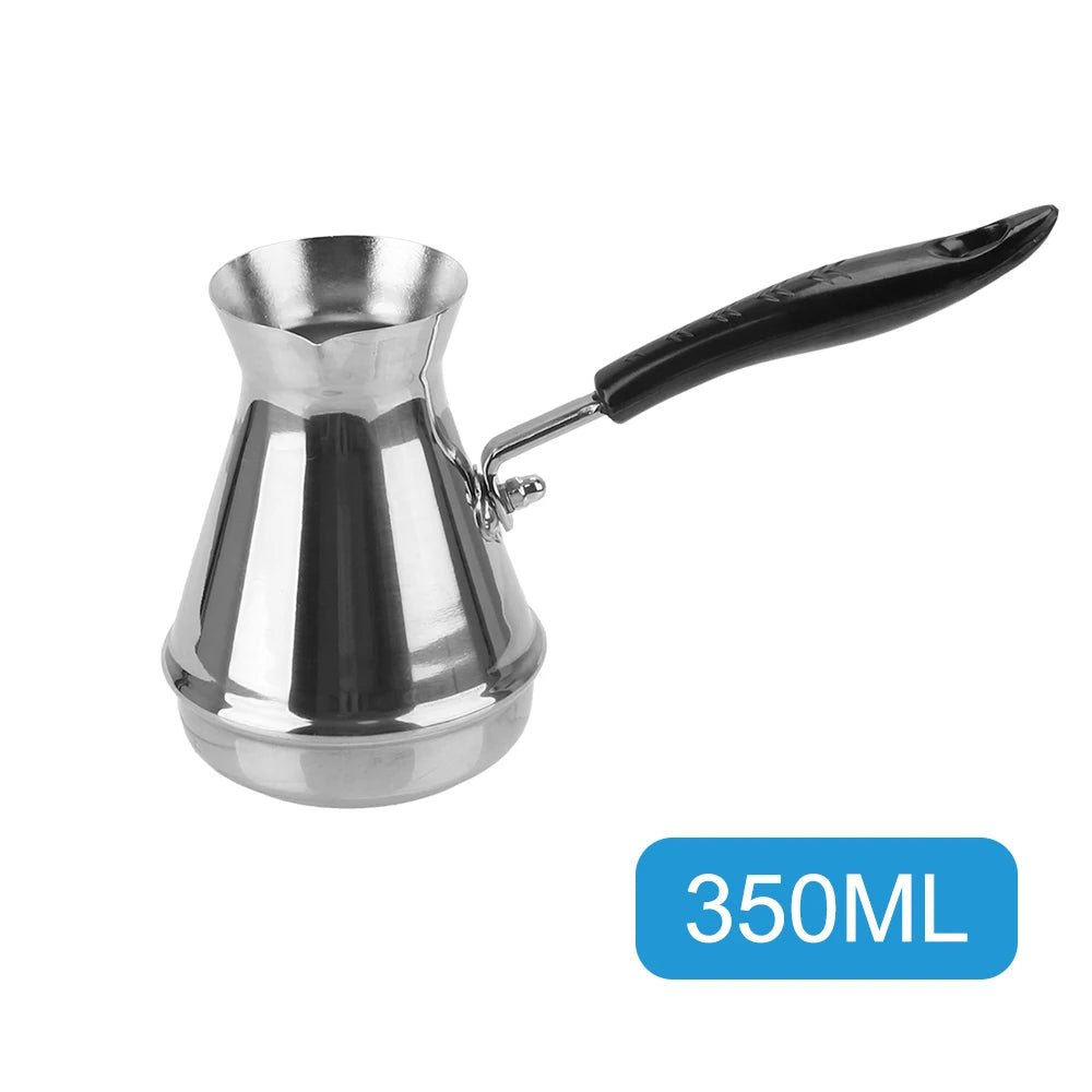 Stainless steel coffee pot with black handle and '350ML' label on a white background