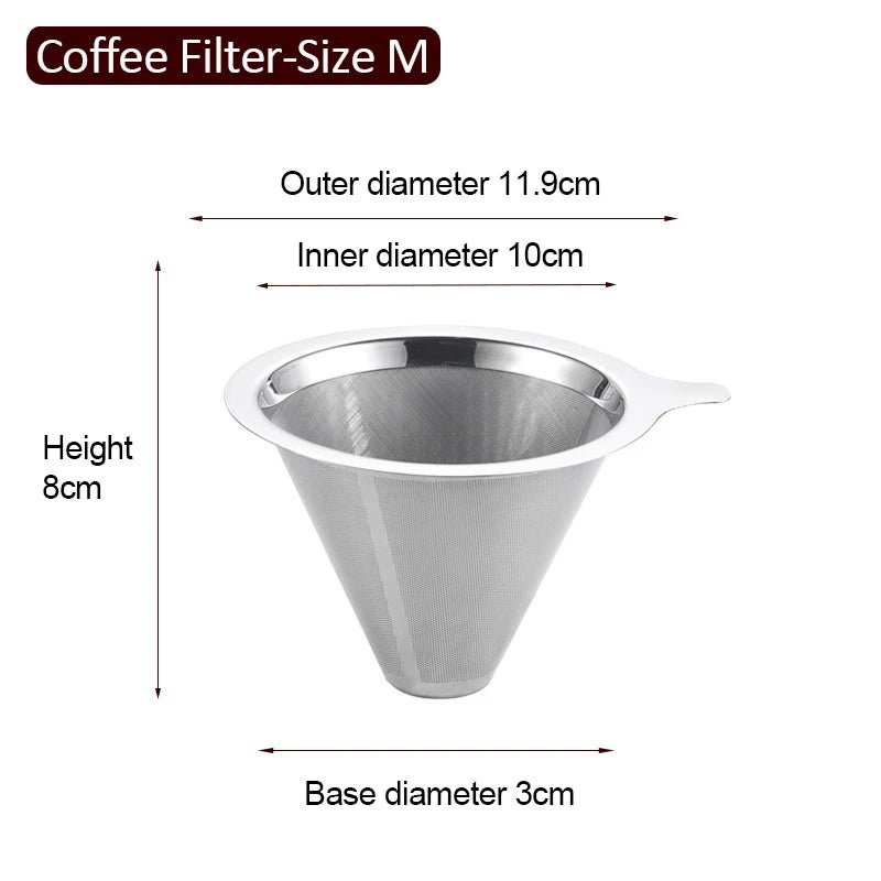 Stainless steel coffee filter with dimensions on a white background