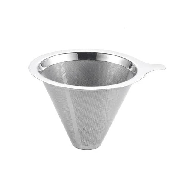 Stainless steel coffee filter cone on a white background