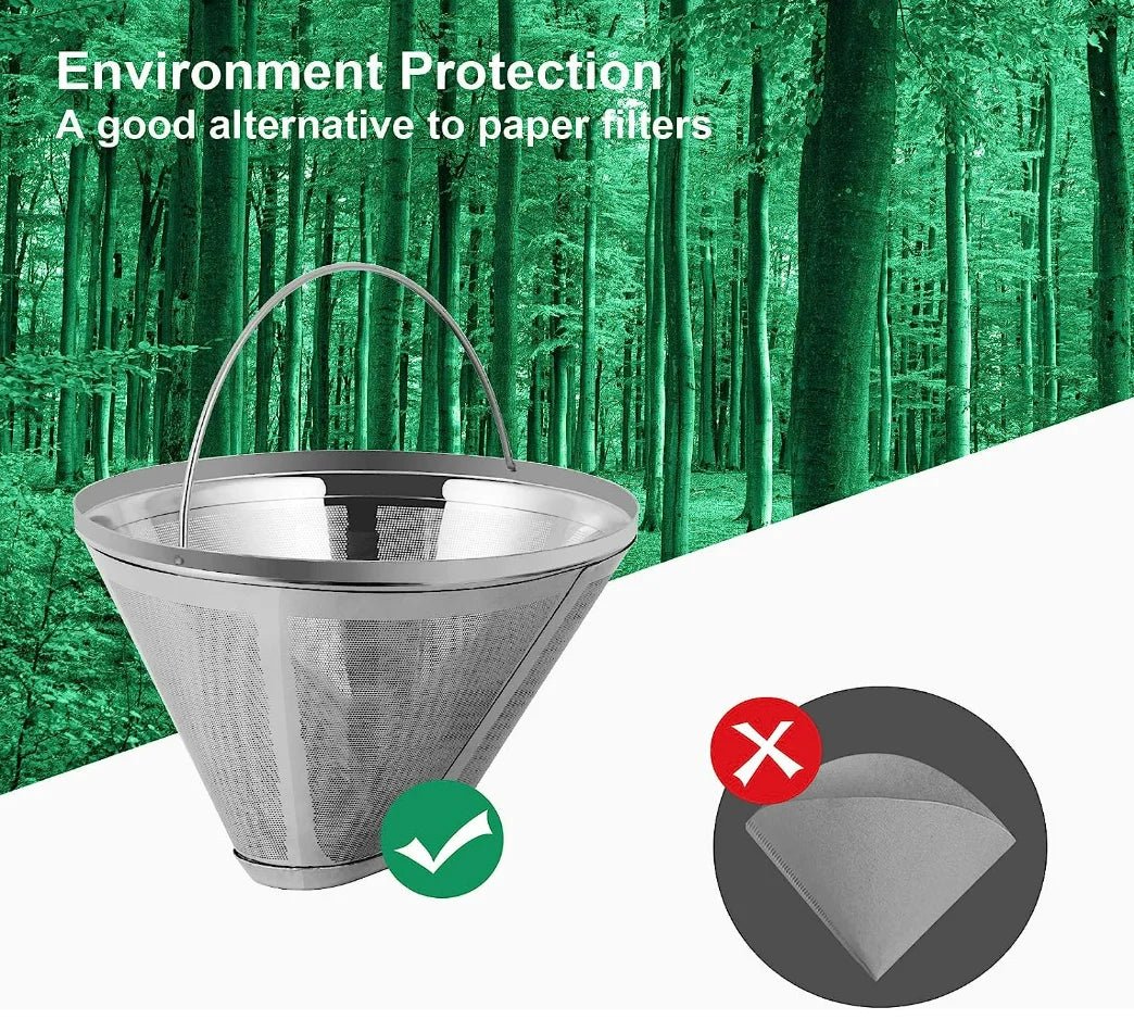 Stainless steel coffee filter with bamboo background and text about environment protection.