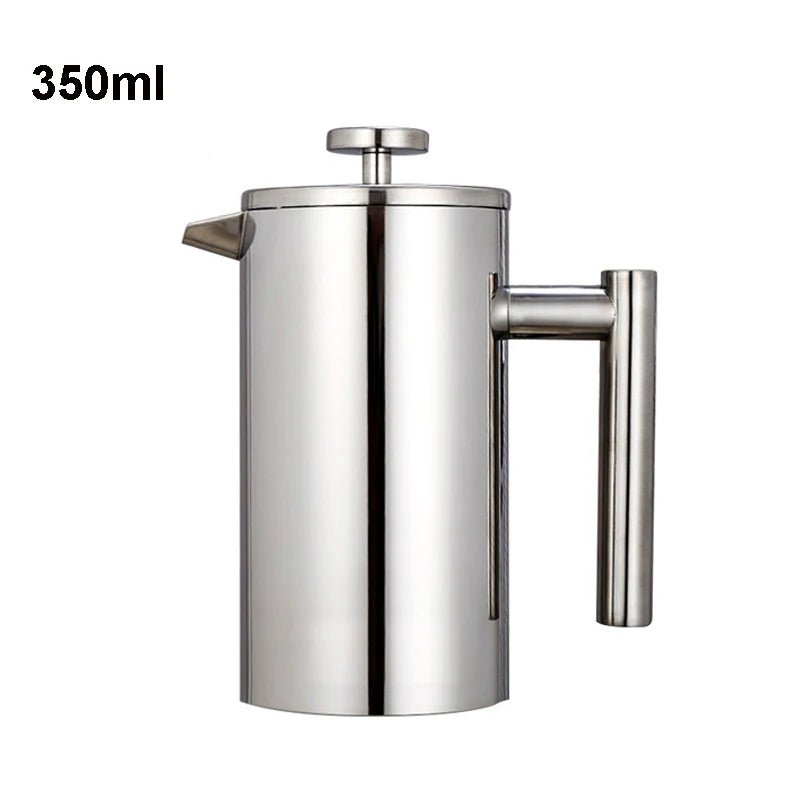 Stainless steel French press with a handle on a white background, labeled '350ml'.