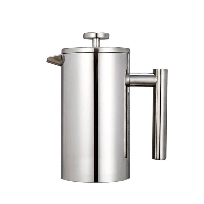 Stainless steel French press coffee maker on a white background