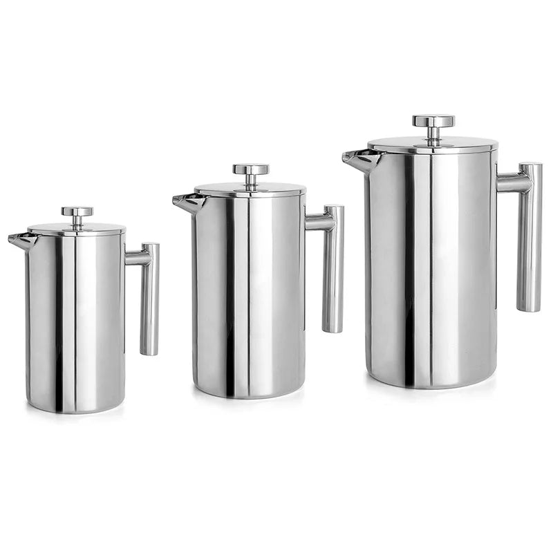 Set of three stainless steel French presses on a white background