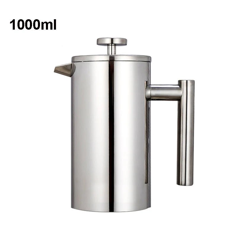 Stainless steel French press coffee maker with a handle on a white background, labeled '1000ml'.
