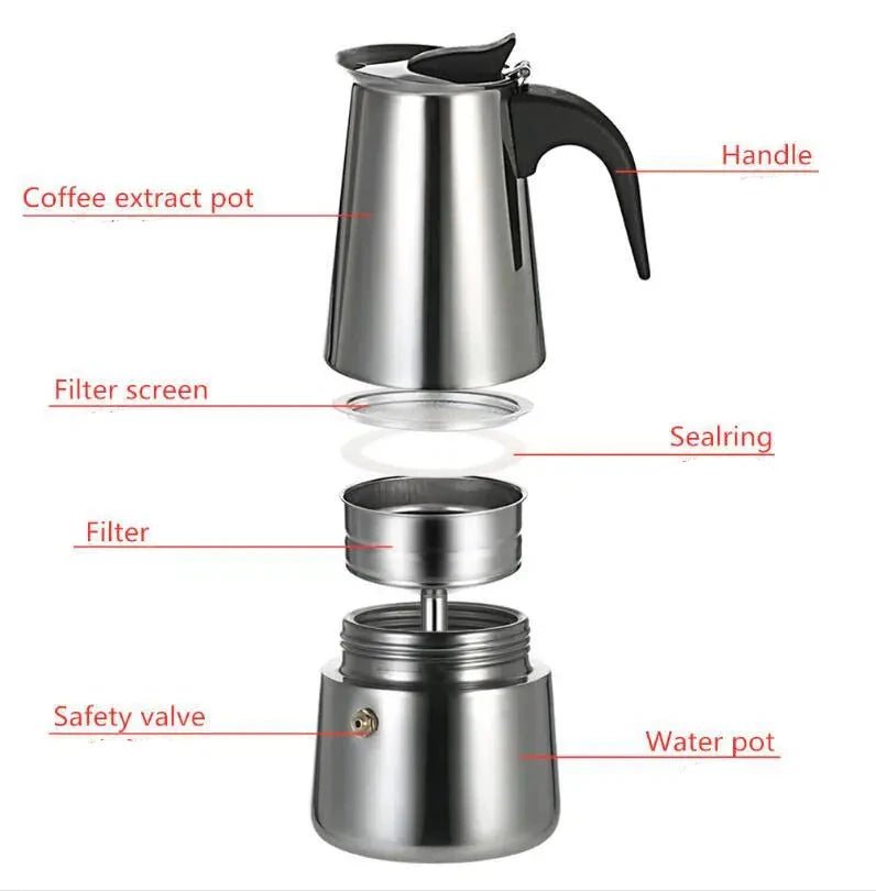 Stainless steel coffee maker with labeled parts on a white background