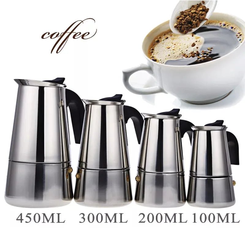Set of four stainless steel coffee pots with different capacities, shown with a cup of coffee in the background.