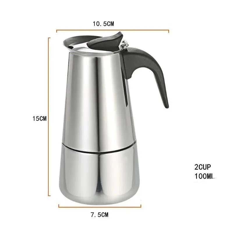 Stainless steel coffee maker with dimensions on a white background
