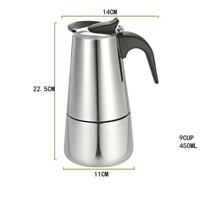 Stainless steel espresso maker with dimensions on a white background