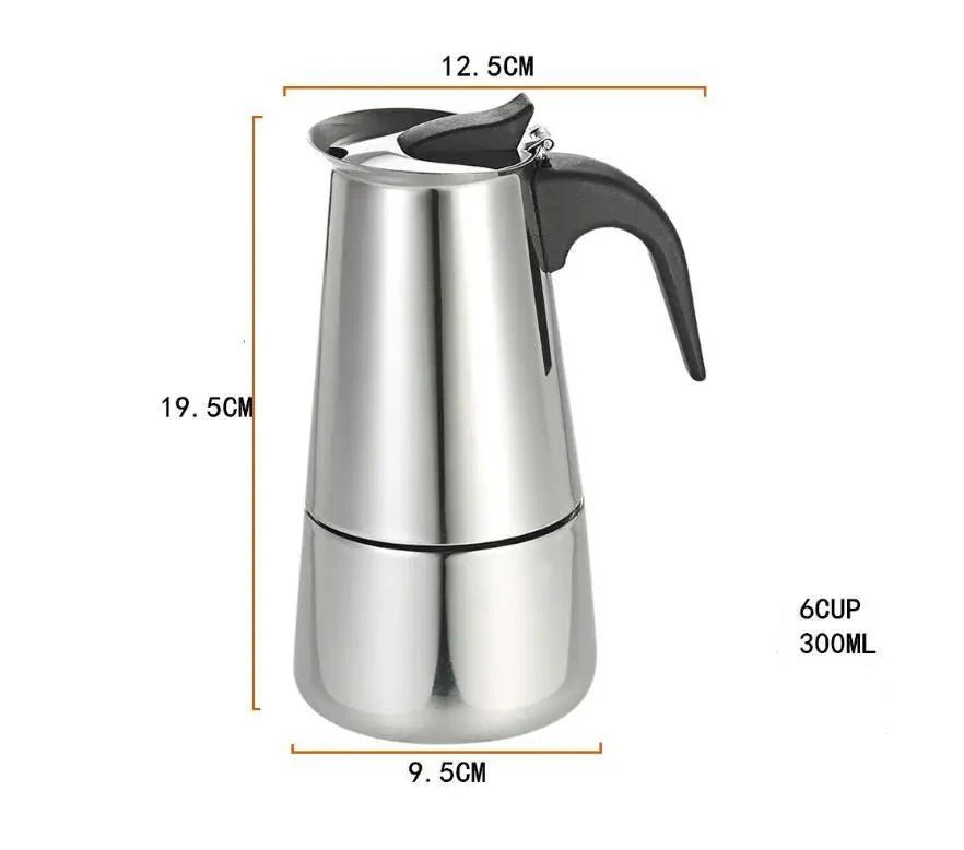 Stainless steel coffee maker with dimensions on a white background