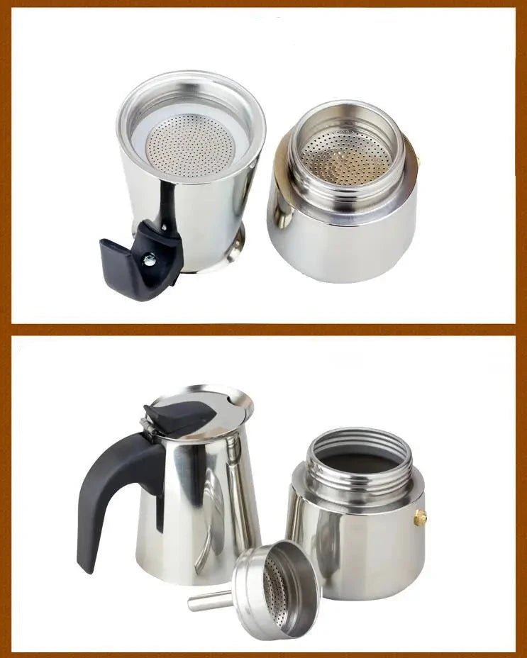 Metal coffee maker parts on a white background
