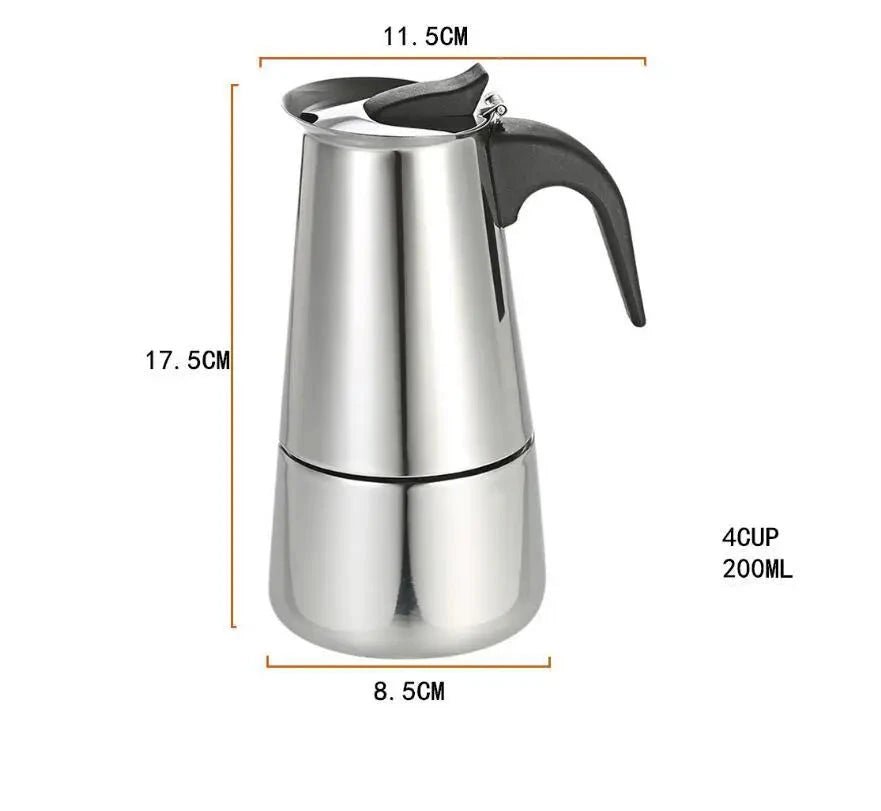 Stainless steel espresso maker with dimensions on a white background