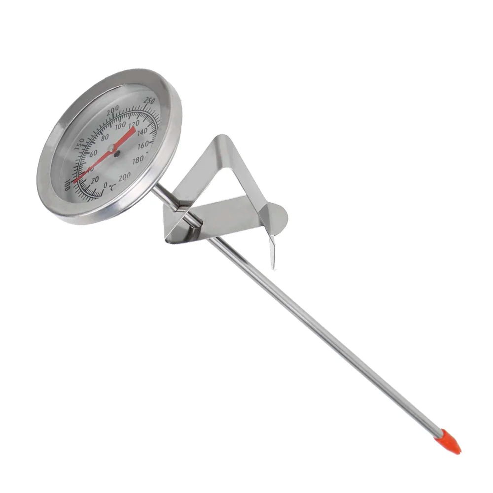 Bimetallic thermometer with a long probe on a white background