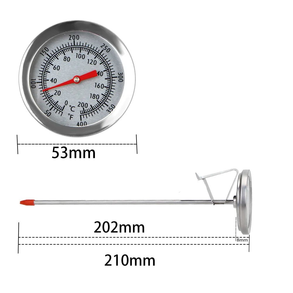 Bimetallic thermometer with dimensions labeled on a white background