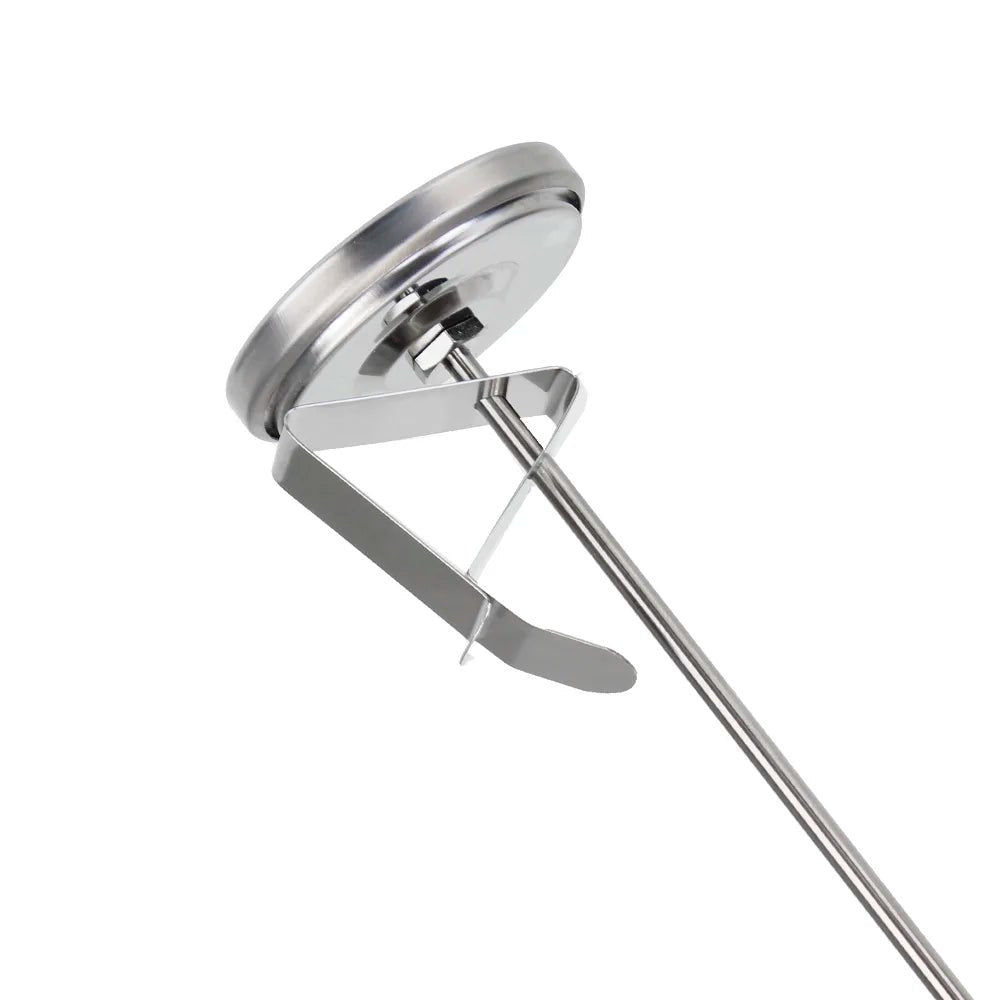 Thermometer with a long thin probe on a white background
