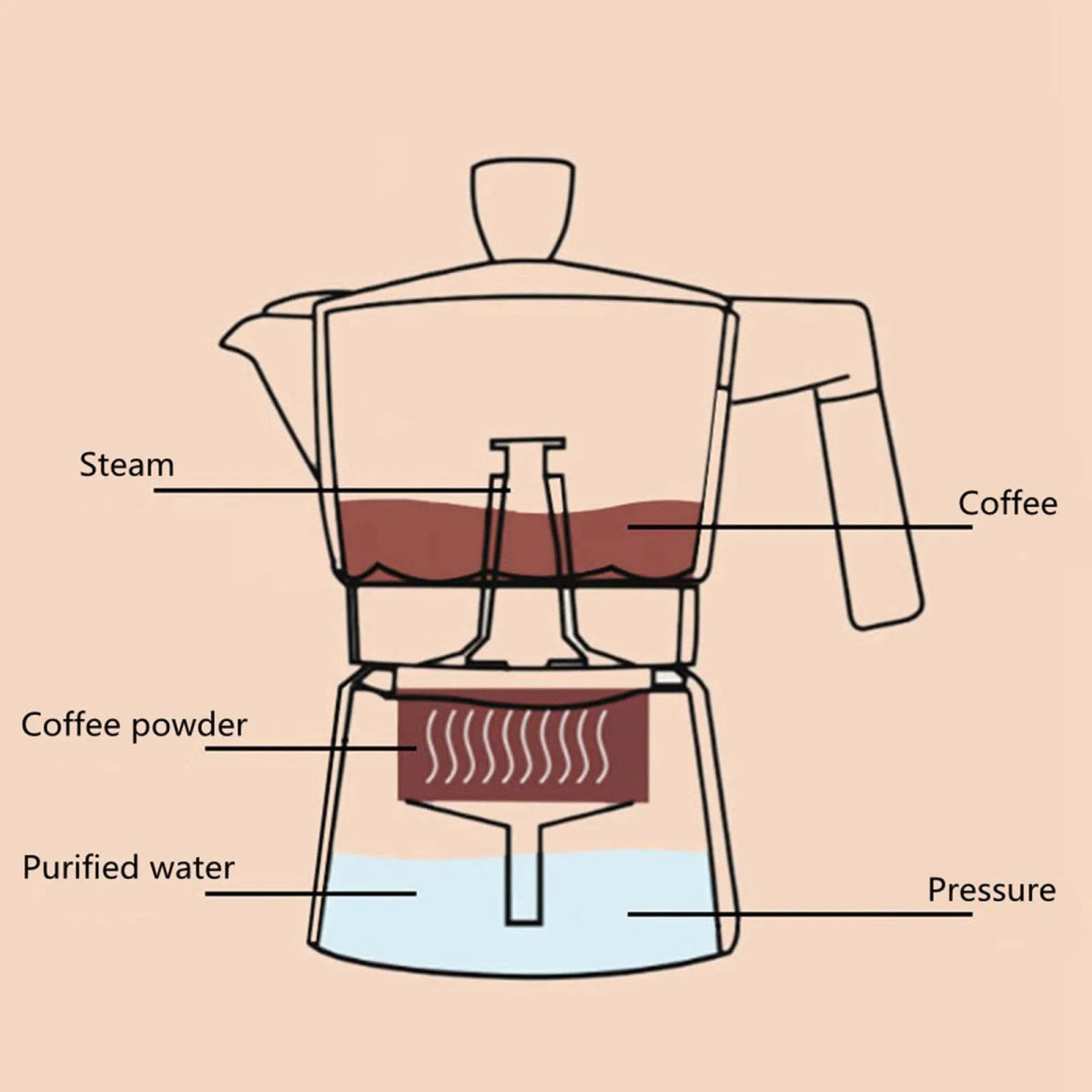 Diagram of a coffee maker with labeled parts on a beige background