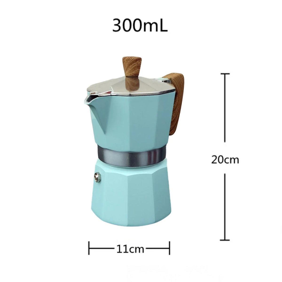 Italian coffee maker with wooden handle and measurements on a white background