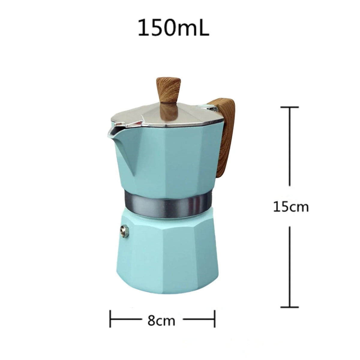 Italian coffee maker with wooden handle and measurements on a white background