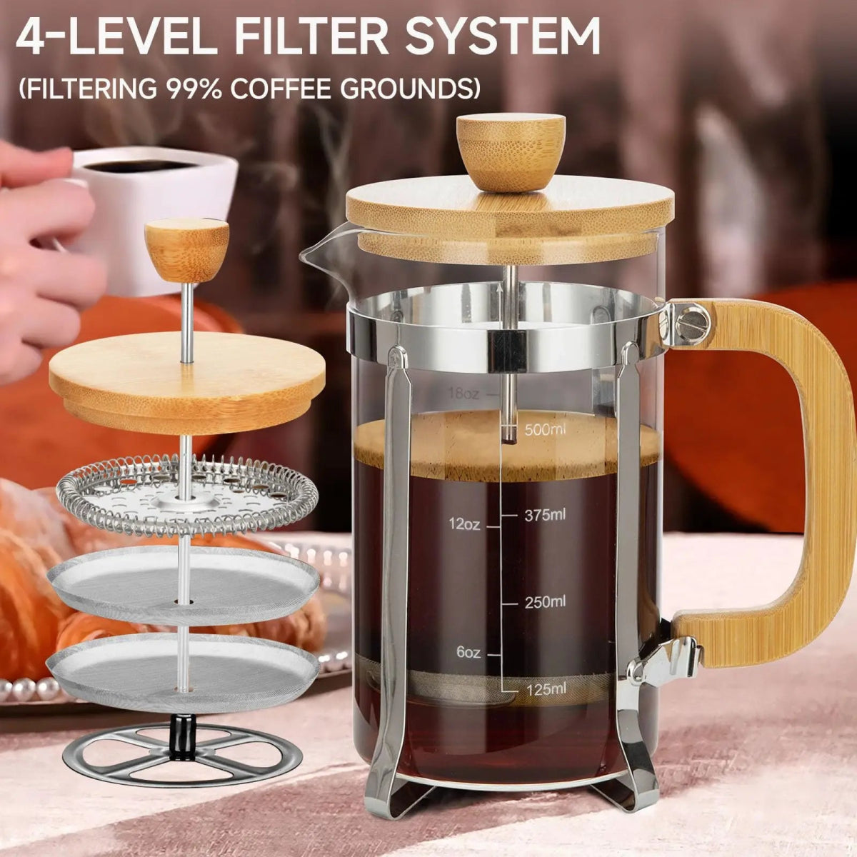 French press coffee maker with wooden handle and lid, featuring a 4-level filter system.